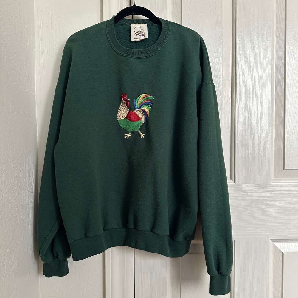 Vintage 90s‎ Peanut Butter & Jelly Embroidered Rooster Sweatshirt Forest Green L